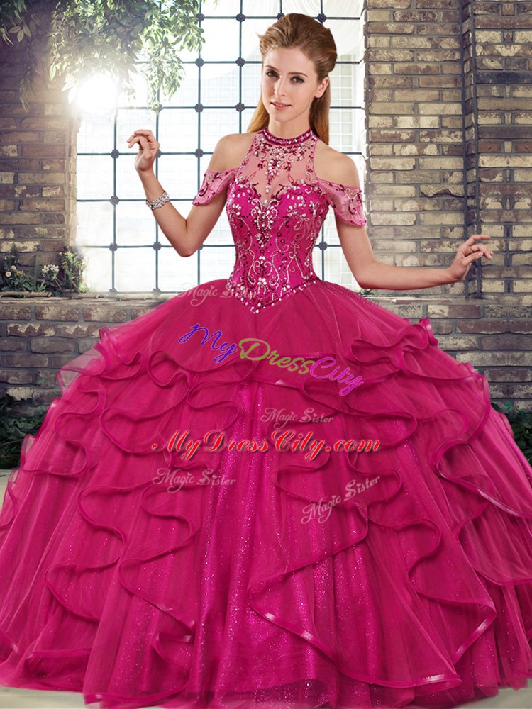 Charming Fuchsia Ball Gowns Tulle Halter Top Sleeveless Beading and Ruffles Floor Length Lace Up Quinceanera Dresses