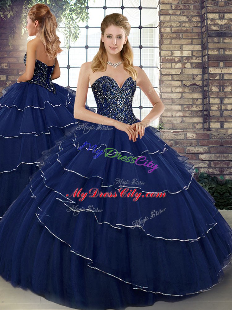 Eye-catching Sleeveless Brush Train Beading and Ruffled Layers Lace Up Sweet 16 Dresses