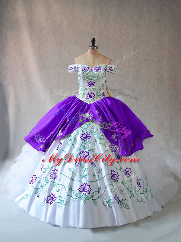 Decent Off The Shoulder Sleeveless Lace Up Ball Gown Prom Dress White And Purple Organza