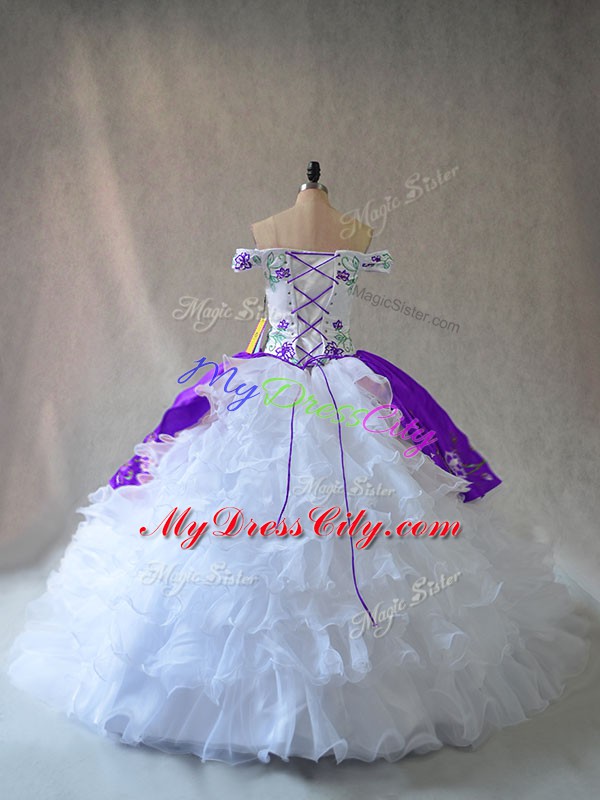 Decent Off The Shoulder Sleeveless Lace Up Ball Gown Prom Dress White And Purple Organza