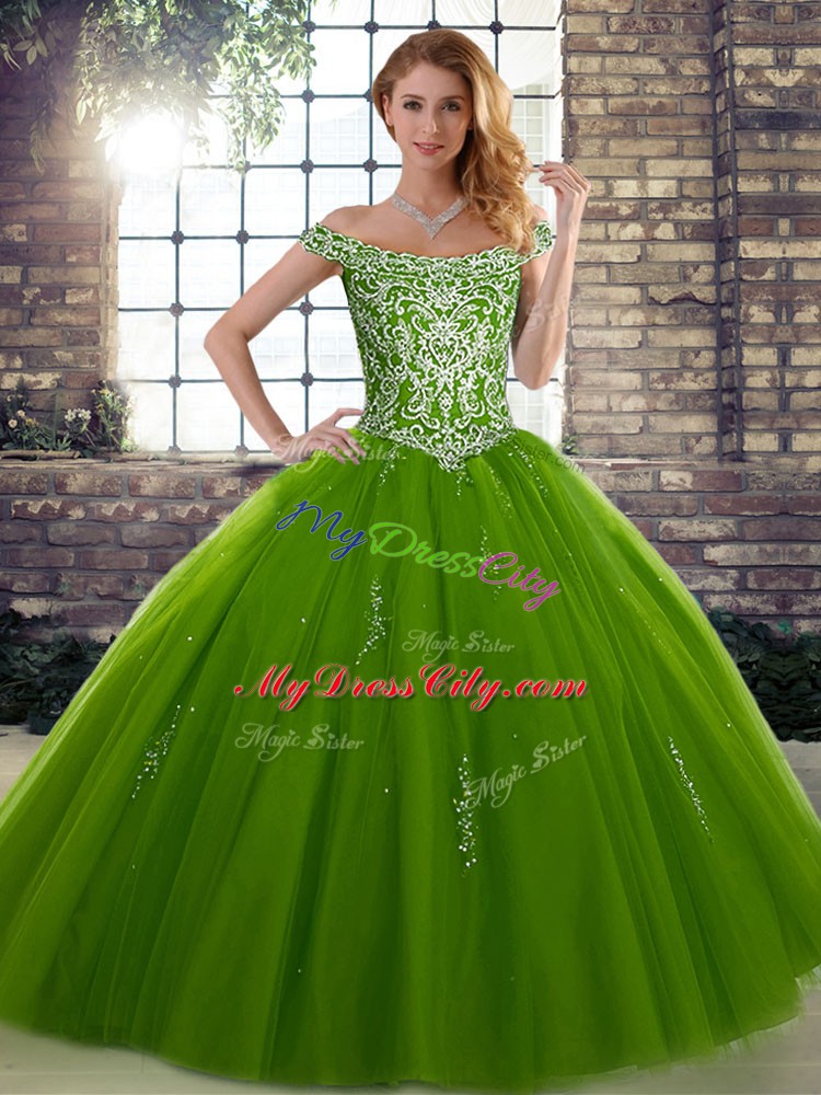 Low Price Tulle Off The Shoulder Sleeveless Lace Up Beading Ball Gown Prom Dress in Olive Green