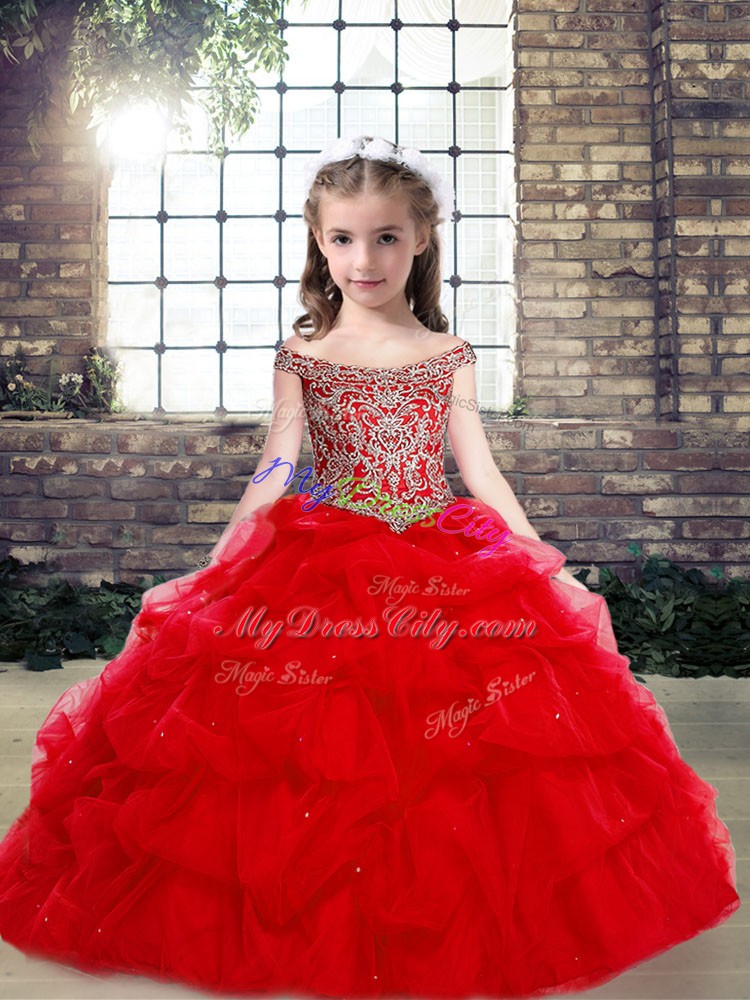 Eye-catching Organza and Tulle Off The Shoulder Sleeveless Lace Up Beading Little Girls Pageant Dress Wholesale in Red