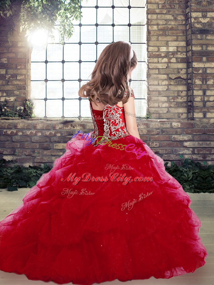 Eye-catching Organza and Tulle Off The Shoulder Sleeveless Lace Up Beading Little Girls Pageant Dress Wholesale in Red