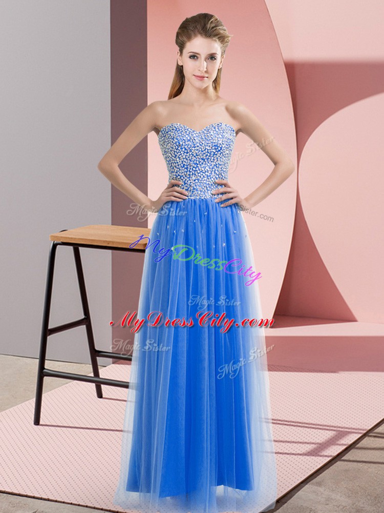 Superior Sleeveless Floor Length Beading Lace Up Going Out Dresses with Blue