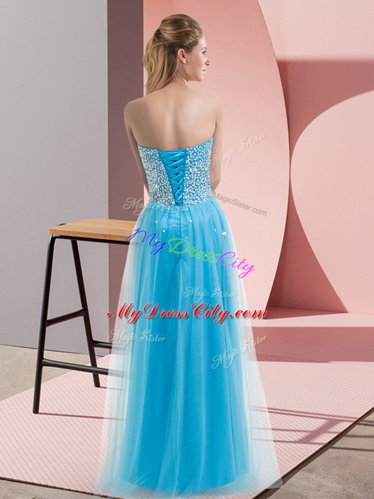 Superior Sleeveless Floor Length Beading Lace Up Going Out Dresses with Blue