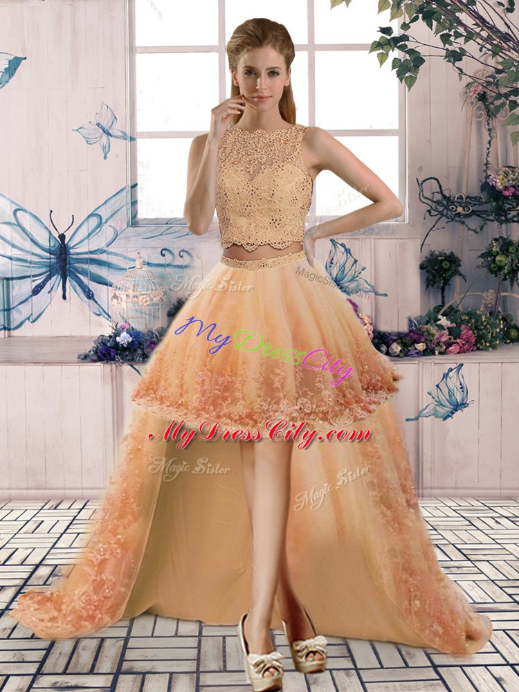 Hot Selling Gold Backless Prom Party Dress Beading and Lace Sleeveless High Low