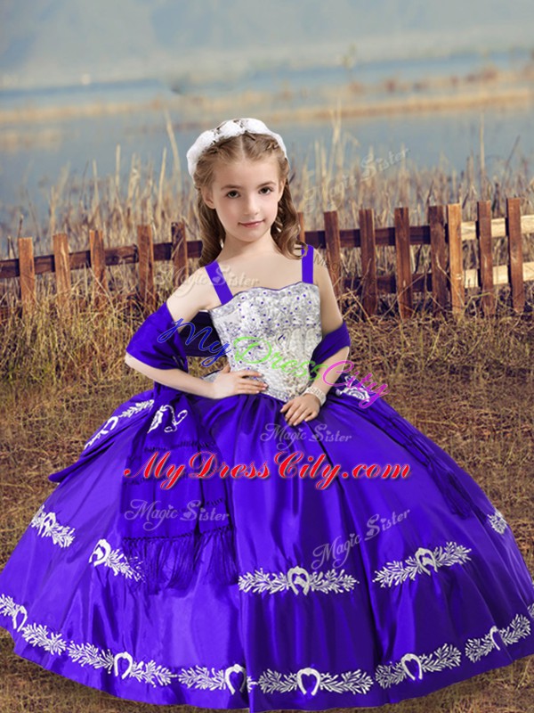 Floor Length Purple Child Pageant Dress Straps Sleeveless Lace Up