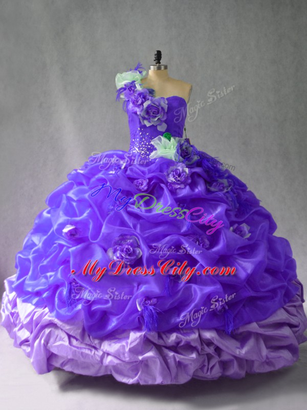 Cheap Sleeveless Organza Floor Length Lace Up Sweet 16 Dresses in Purple with Pick Ups and Hand Made Flower