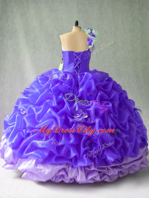 Cheap Sleeveless Organza Floor Length Lace Up Sweet 16 Dresses in Purple with Pick Ups and Hand Made Flower