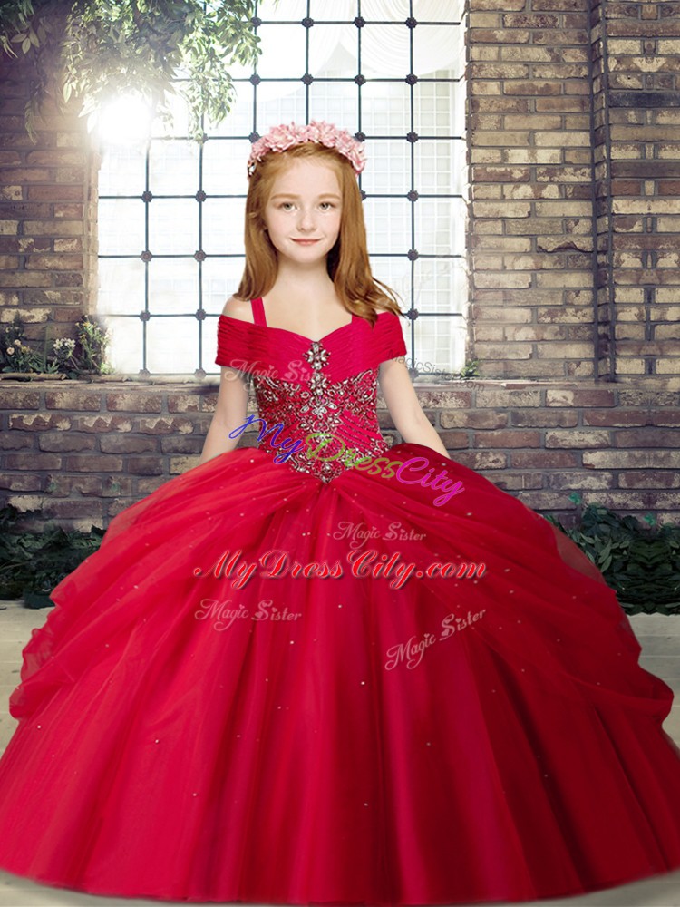 Sleeveless Floor Length Beading Lace Up Little Girls Pageant Gowns with Red