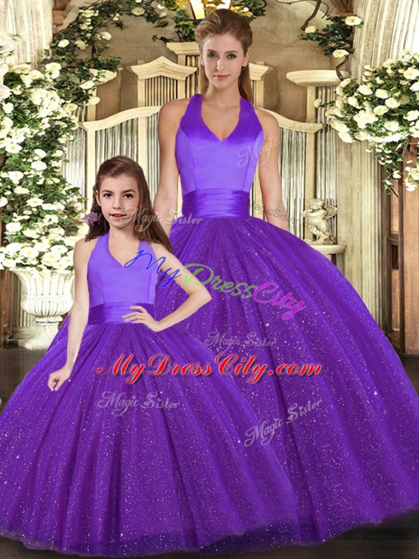 Floor Length Purple Sweet 16 Dress Tulle Sleeveless Ruching