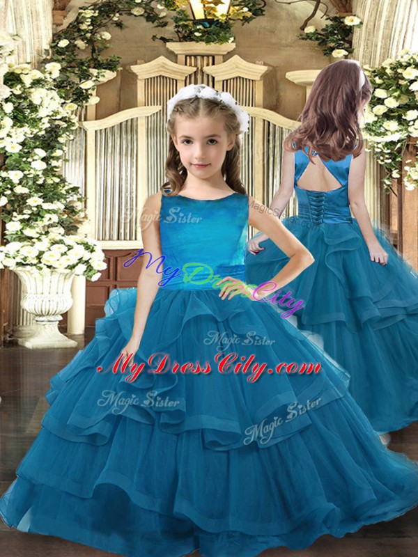 Charming Floor Length Lace Up Kids Formal Wear Teal for Party and Wedding Party with Ruffled Layers