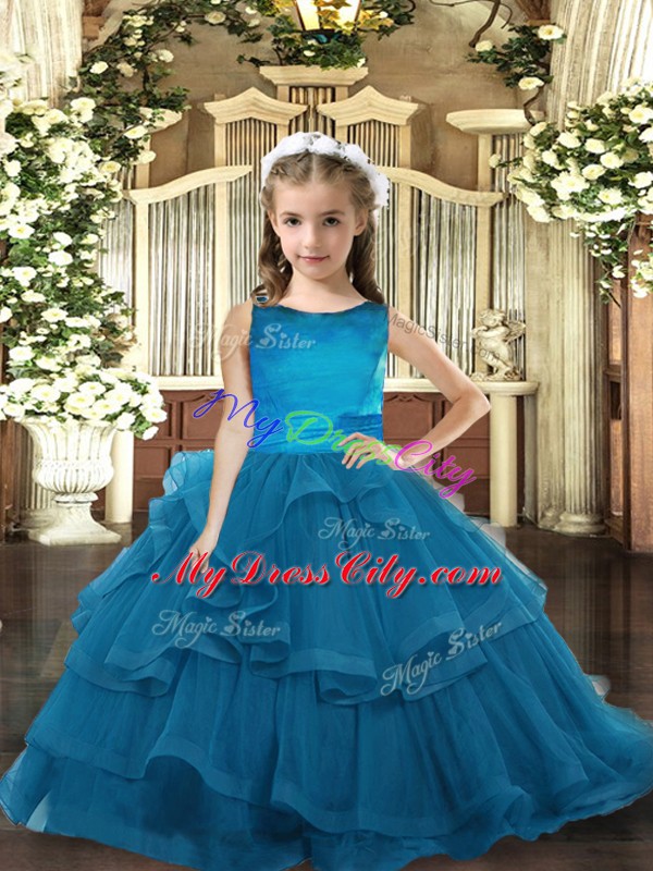 Charming Floor Length Lace Up Kids Formal Wear Teal for Party and Wedding Party with Ruffled Layers