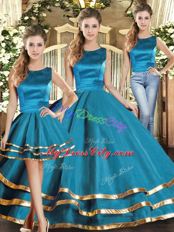 Traditional Teal Lace Up Scoop Ruffled Layers 15 Quinceanera Dress Tulle Sleeveless