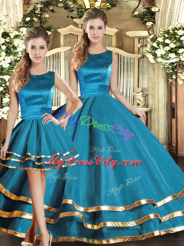 Traditional Teal Lace Up Scoop Ruffled Layers 15 Quinceanera Dress Tulle Sleeveless