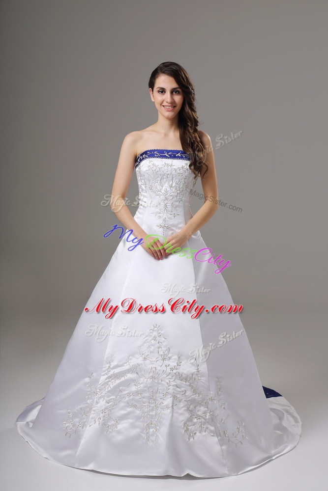 Glamorous Strapless Sleeveless Brush Train Lace Up Wedding Dress White Satin