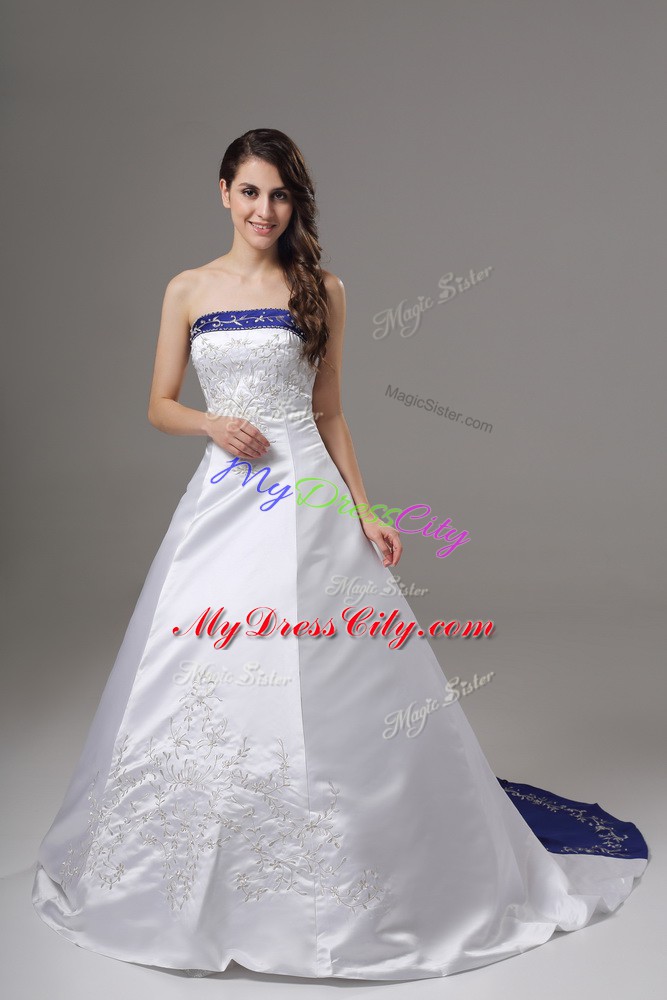 Glamorous Strapless Sleeveless Brush Train Lace Up Wedding Dress White Satin