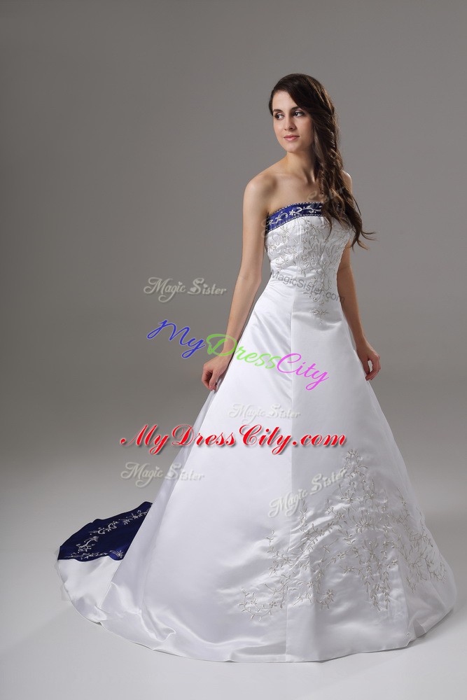 Glamorous Strapless Sleeveless Brush Train Lace Up Wedding Dress White Satin