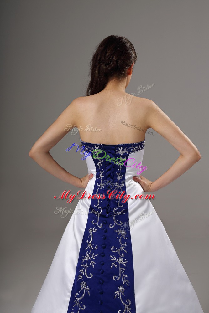 Glamorous Strapless Sleeveless Brush Train Lace Up Wedding Dress White Satin