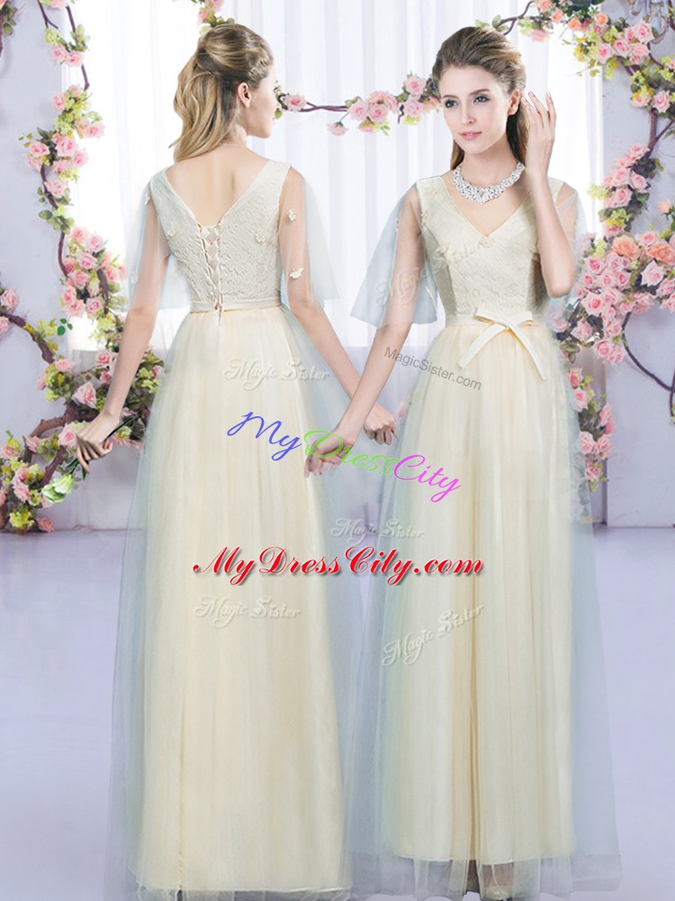 Exquisite Champagne Empire Tulle V-neck Sleeveless Lace and Bowknot Floor Length Lace Up Bridesmaid Dresses