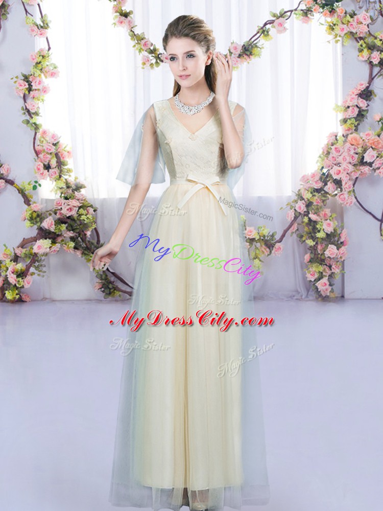 Exquisite Champagne Empire Tulle V-neck Sleeveless Lace and Bowknot Floor Length Lace Up Bridesmaid Dresses