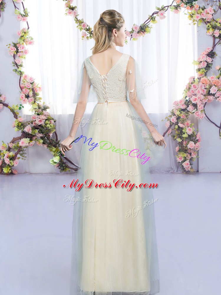 Exquisite Champagne Empire Tulle V-neck Sleeveless Lace and Bowknot Floor Length Lace Up Bridesmaid Dresses