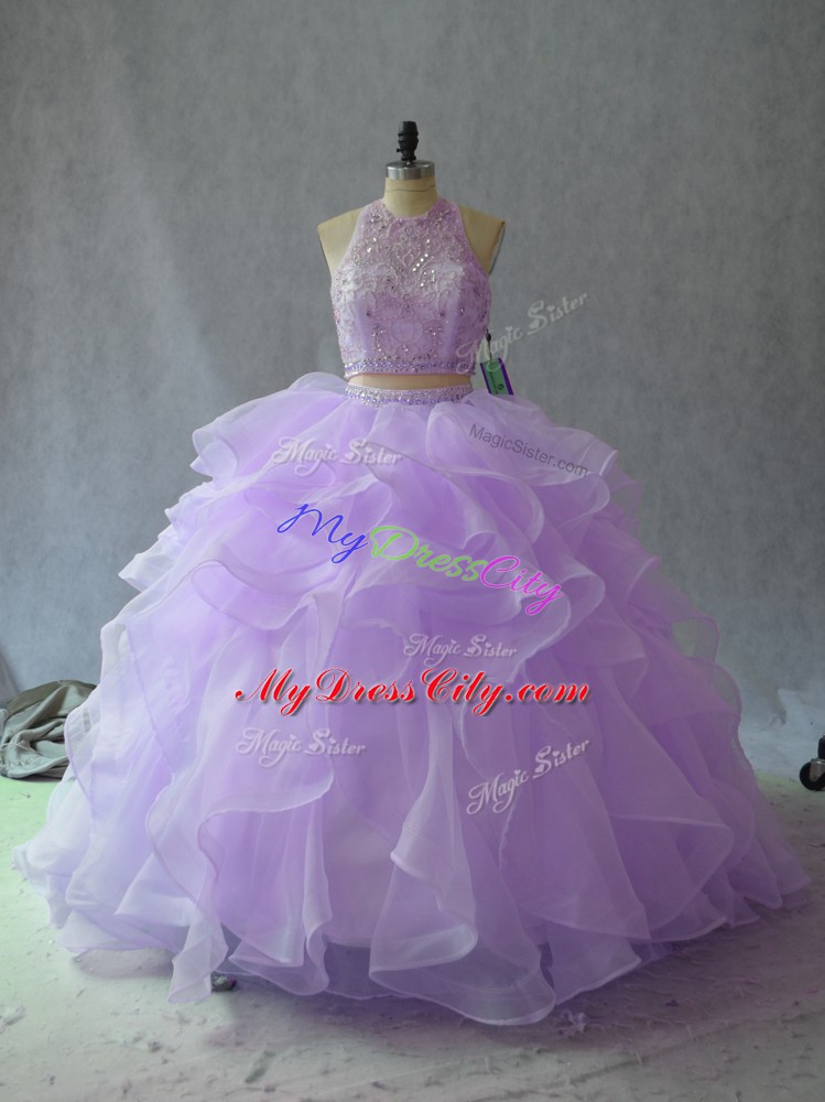 Luxury Lavender Organza Backless Quinceanera Dresses Sleeveless Beading and Ruffles