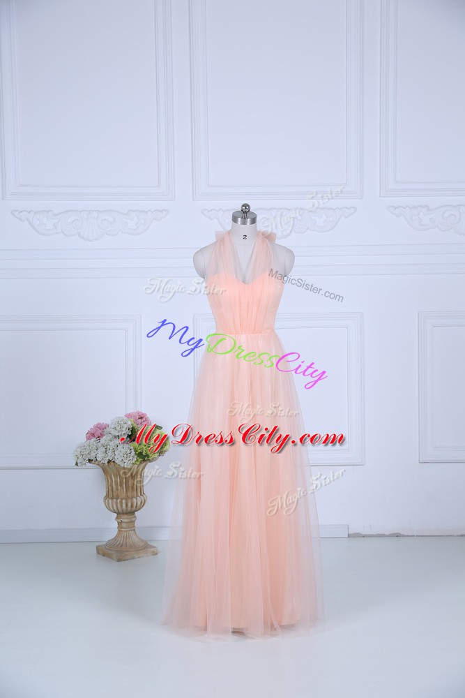 Designer Floor Length Peach Vestidos de Damas Tulle Sleeveless Ruching