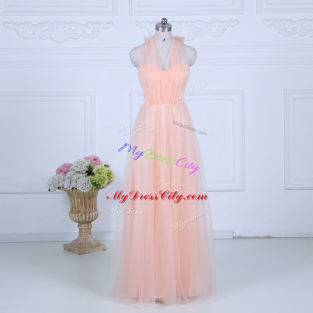 Designer Floor Length Peach Vestidos de Damas Tulle Sleeveless Ruching