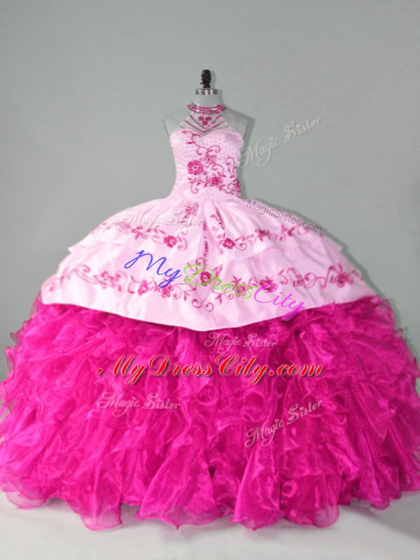 Halter Top Sleeveless Sweet 16 Quinceanera Dress Court Train Embroidery and Ruffles Hot Pink Organza