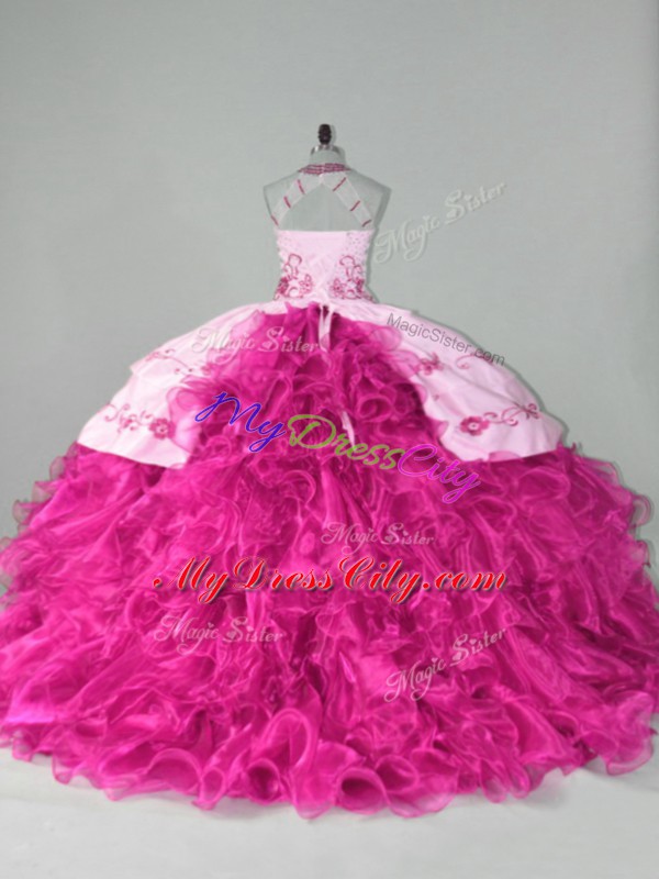 Halter Top Sleeveless Sweet 16 Quinceanera Dress Court Train Embroidery and Ruffles Hot Pink Organza