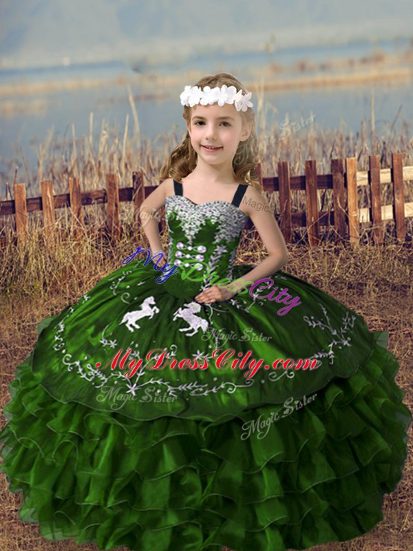 Embroidery and Ruffled Layers Little Girls Pageant Gowns Olive Green Lace Up Sleeveless Floor Length