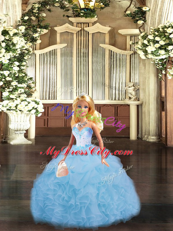 Sleeveless Floor Length Beading and Ruffles Lace Up Quinceanera Dresses with Blue