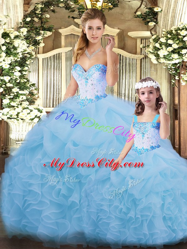 Sleeveless Floor Length Beading and Ruffles Lace Up Quinceanera Dresses with Blue