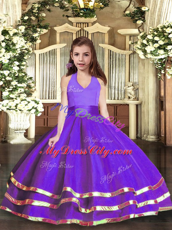 Floor Length Purple Kids Formal Wear Organza Sleeveless Ruffled Layers