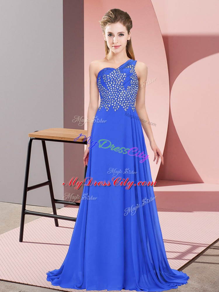 Noble Blue Chiffon Side Zipper One Shoulder Sleeveless Floor Length Dress for Prom Beading