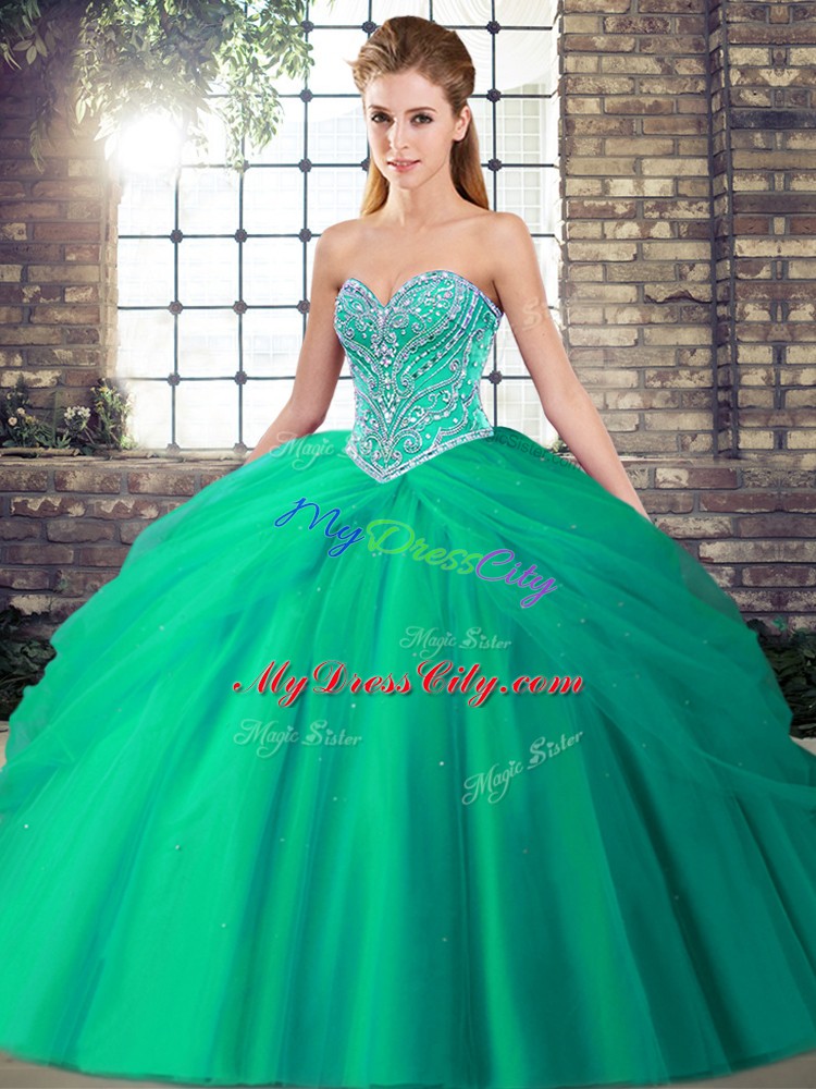 Luxurious Brush Train Ball Gowns Quinceanera Dresses Turquoise Sweetheart Tulle Sleeveless Lace Up