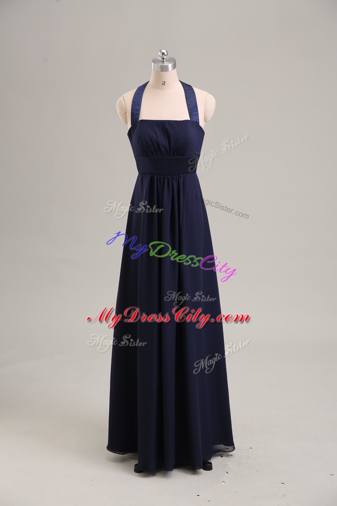 Inexpensive Sleeveless Chiffon Floor Length Lace Up Evening Dress in Navy Blue with Ruching