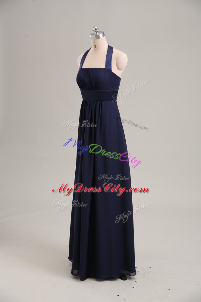 Inexpensive Sleeveless Chiffon Floor Length Lace Up Evening Dress in Navy Blue with Ruching