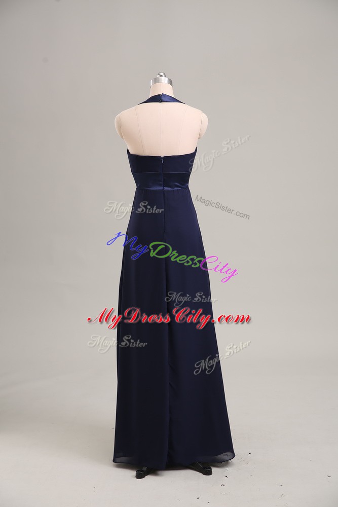 Inexpensive Sleeveless Chiffon Floor Length Lace Up Evening Dress in Navy Blue with Ruching