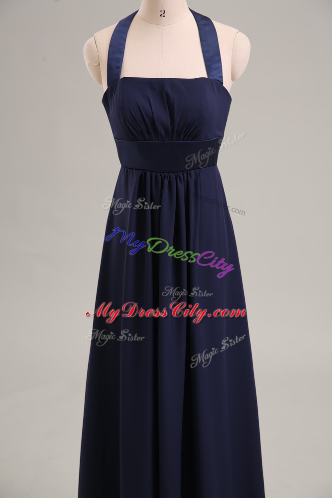 Inexpensive Sleeveless Chiffon Floor Length Lace Up Evening Dress in Navy Blue with Ruching