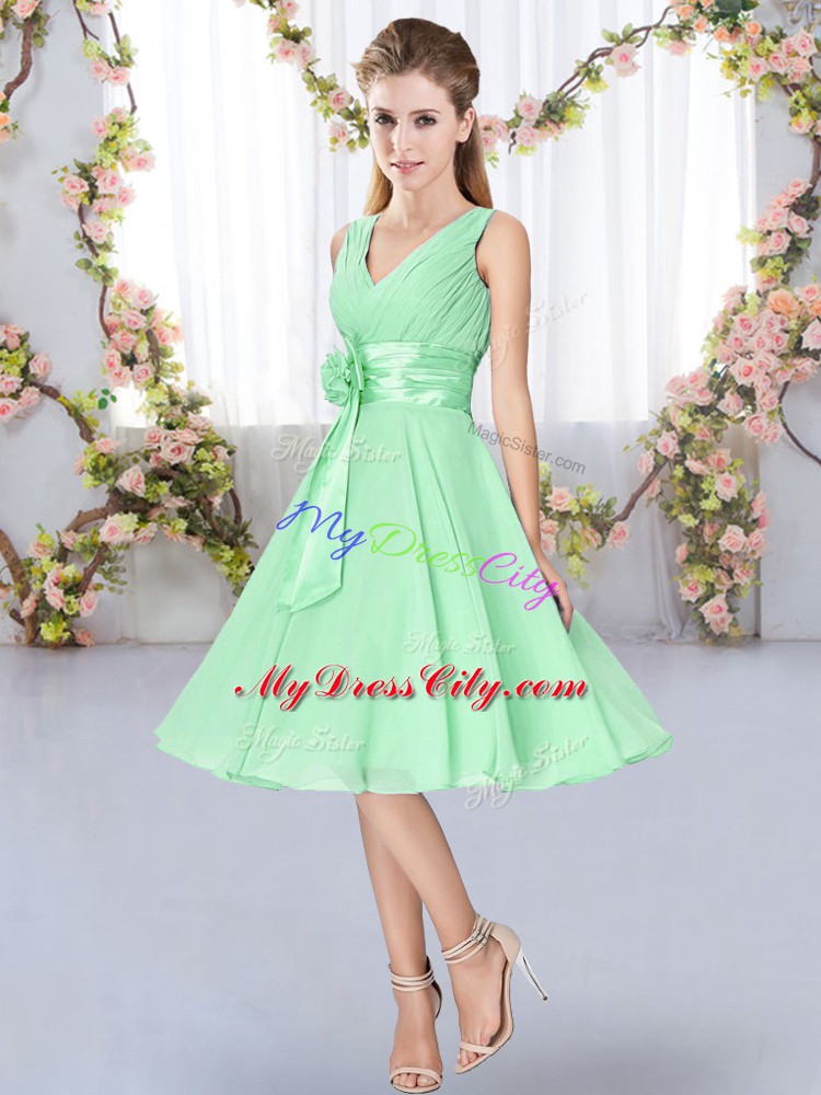 Clearance Apple Green Chiffon Lace Up V-neck Sleeveless Knee Length Bridesmaid Dress Hand Made Flower