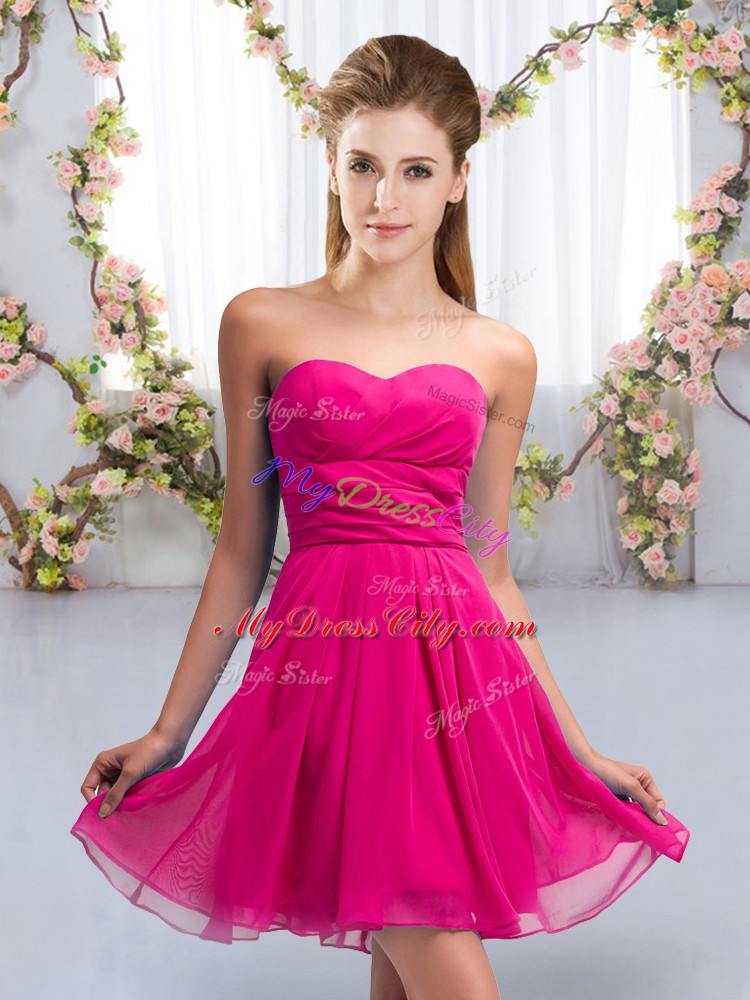 Fuchsia Chiffon Lace Up Bridesmaid Dress Sleeveless Mini Length Ruching