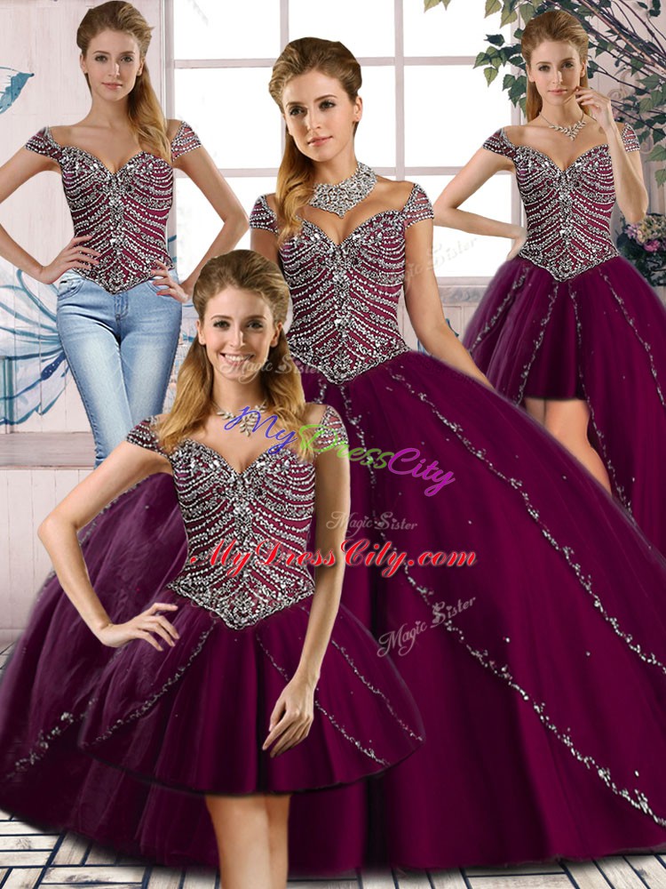 Beauteous Purple Tulle Lace Up Sweetheart Cap Sleeves Ball Gown Prom Dress Brush Train Beading