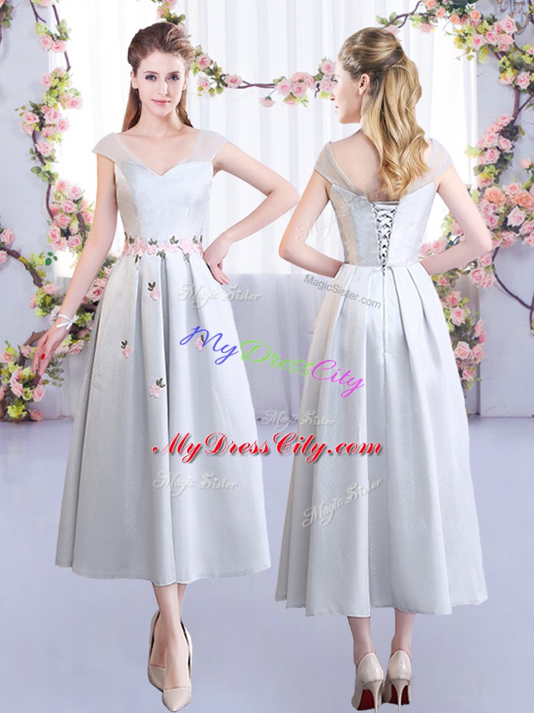 Silver Satin Lace Up Quinceanera Court of Honor Dress Cap Sleeves Tea Length Appliques