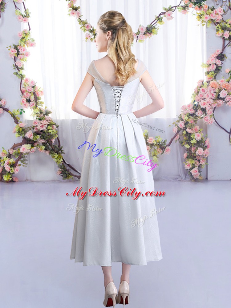 Silver Satin Lace Up Quinceanera Court of Honor Dress Cap Sleeves Tea Length Appliques