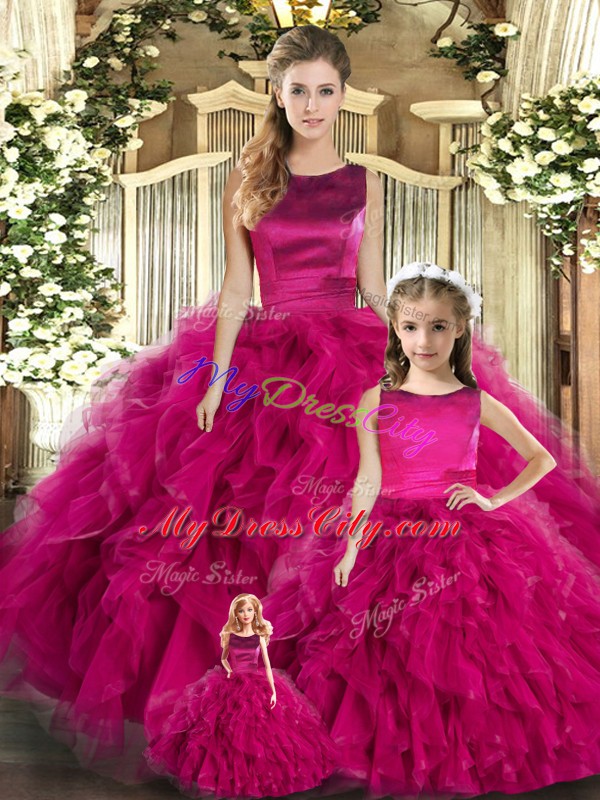 Fuchsia Tulle Lace Up Quinceanera Dresses Sleeveless Floor Length Ruffles