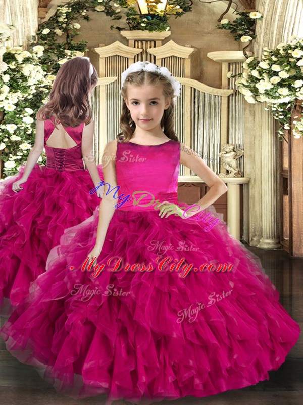 Fuchsia Tulle Lace Up Quinceanera Dresses Sleeveless Floor Length Ruffles