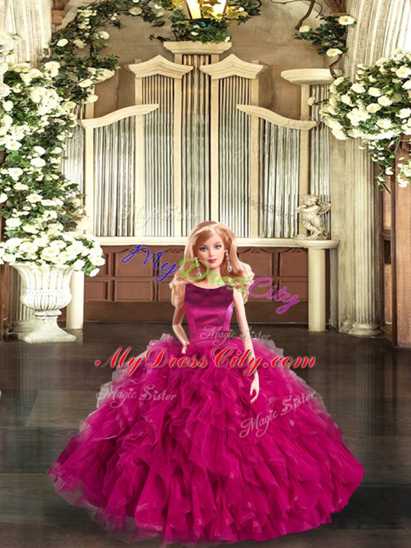 Fuchsia Tulle Lace Up Quinceanera Dresses Sleeveless Floor Length Ruffles