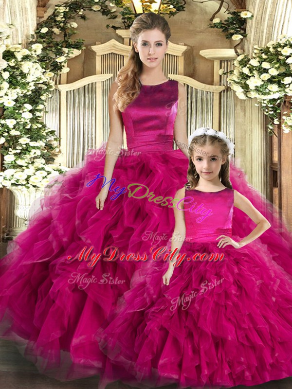 Fuchsia Tulle Lace Up Quinceanera Dresses Sleeveless Floor Length Ruffles